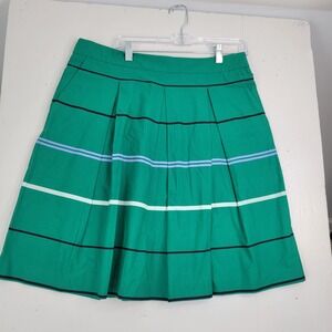 Ann Taylor Green Striped Pleated A-Line Skirt Pockets Size 14 Cotton Blend